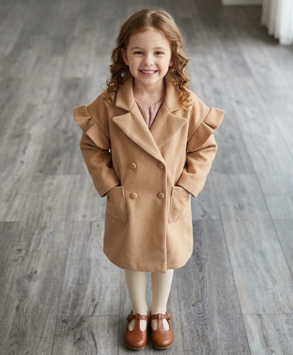 Grace Karin Girls Double-Breasted Ruffle Shoulder Coat Camel 7Y Fall Formal Rich